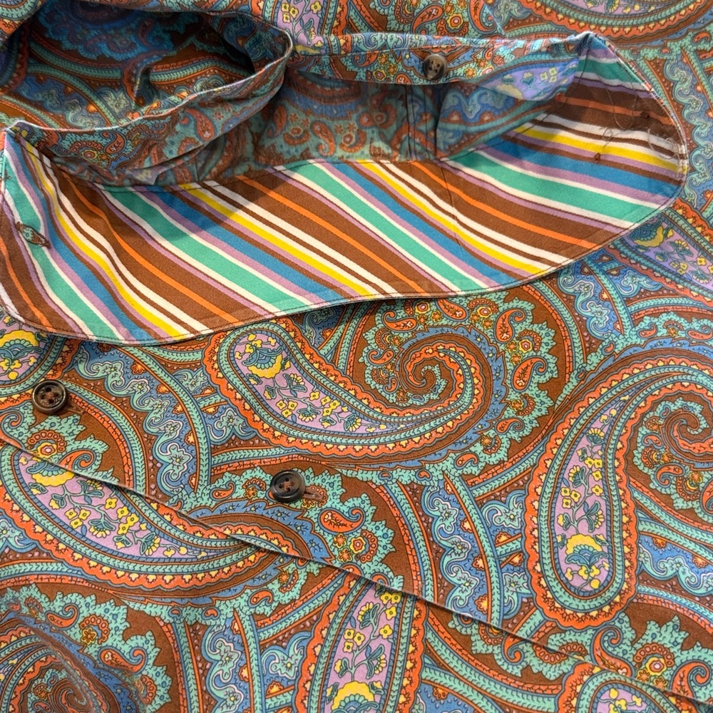 Paul Fredrick 100% Cotton Paisley Shirt in Soft Blue and Orange. LVery Good Cond - Picture 7 of 10